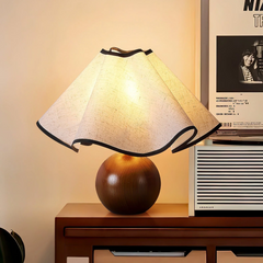 Etrusca - Wave-crest Natural Lien Fabric and Wood Base Table Lamp