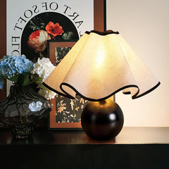 Etrusca - Wave-crest Natural Lien Fabric and Wood Base Table Lamp